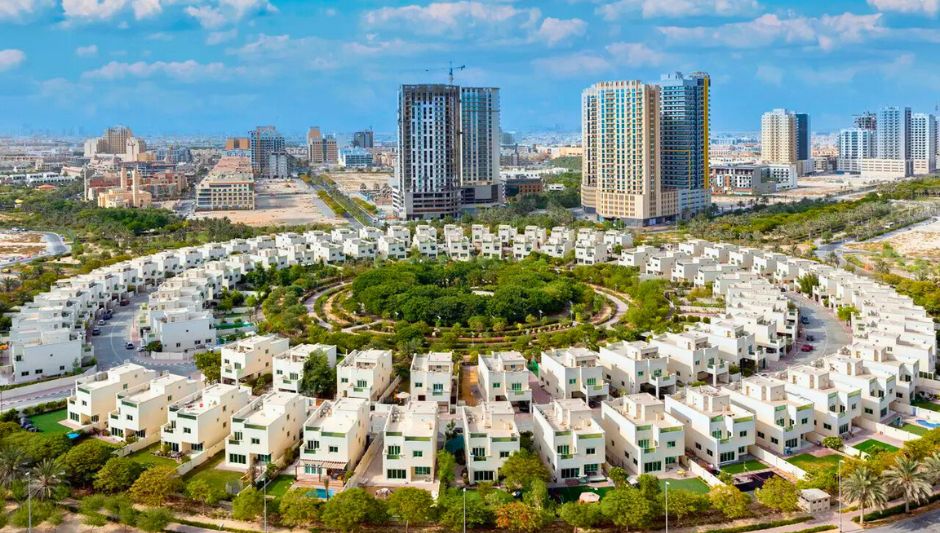 Aerial view of JVC Dubai showing circular villa community and off plan towers in 2025